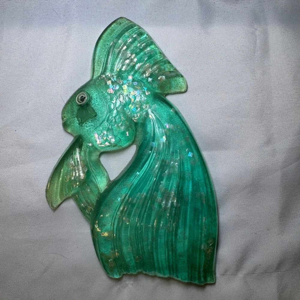 Vintage Green Resin Fish Wall Hanging Iridescent Confetti Nautical Decor 7in